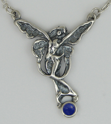 Sterling Silver Victorian Winged Fairy Necklace With Lapis Lazuli